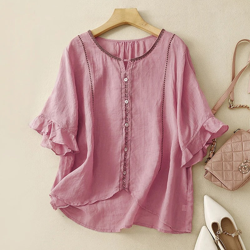 GIA Linen Blouse - Elegant & Airy Natural Linen Top with Ruffled Sleeves