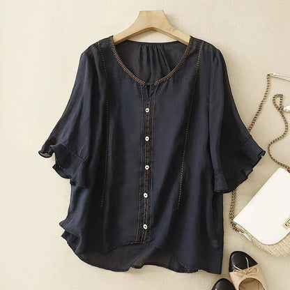 GIA Linen Blouse - Elegant & Airy Natural Linen Top with Ruffled Sleeves