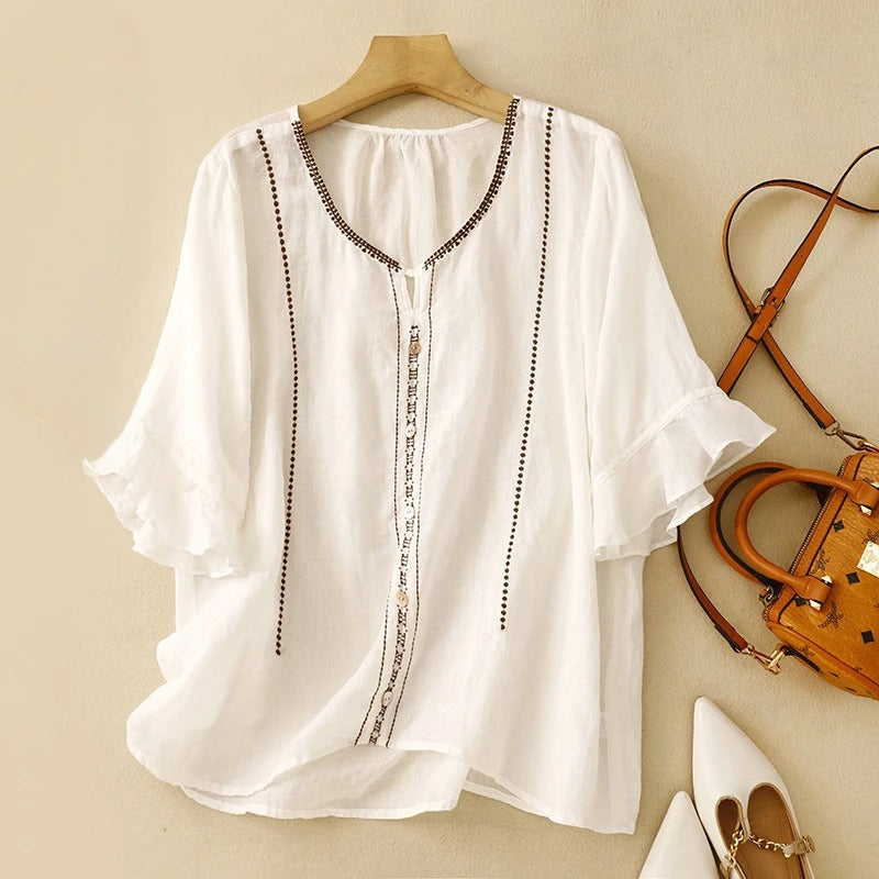 GIA Linen Blouse - Elegant & Airy Natural Linen Top with Ruffled Sleeves