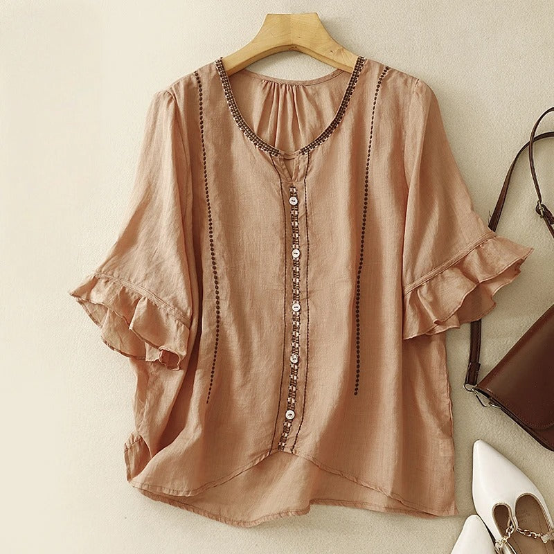 GIA Linen Blouse - Elegant & Airy Natural Linen Top with Ruffled Sleeves