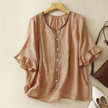 GIA Linen Blouse - Elegant & Airy Natural Linen Top with Ruffled Sleeves