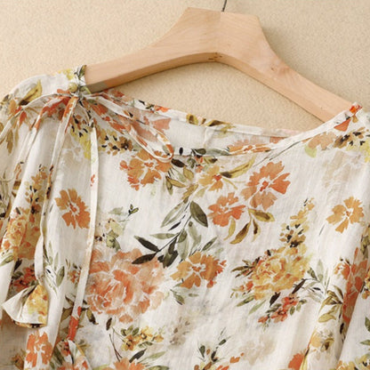 Addison Linen Blouse: Romantic Painterly Print with Draped Sleeves