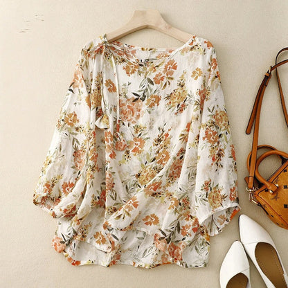 Addison Linen Blouse: Romantic Painterly Print with Draped Sleeves